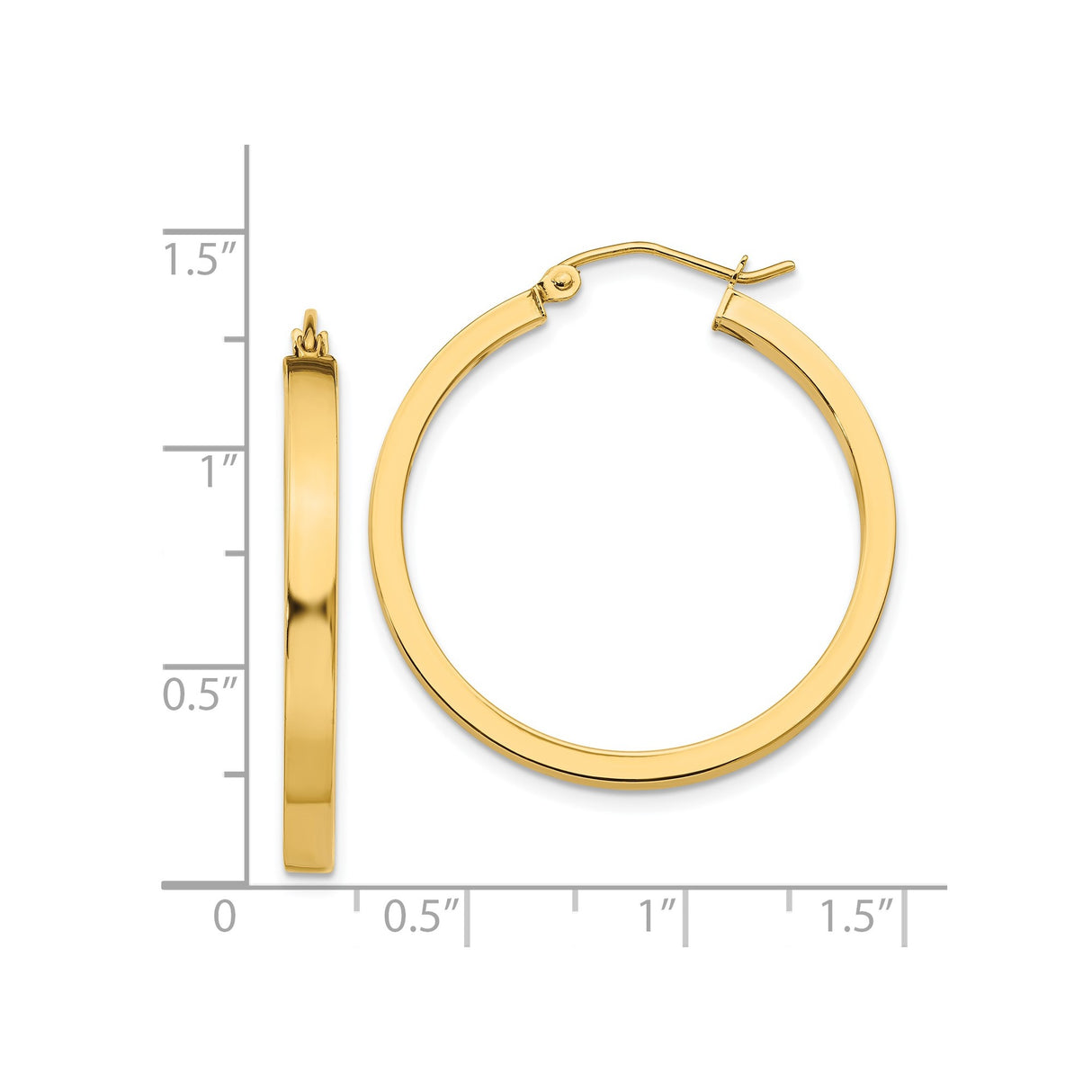 14k Yellow Gold Hoop Earrings, Medium Polished Flat Edge Oval Hoops for Women