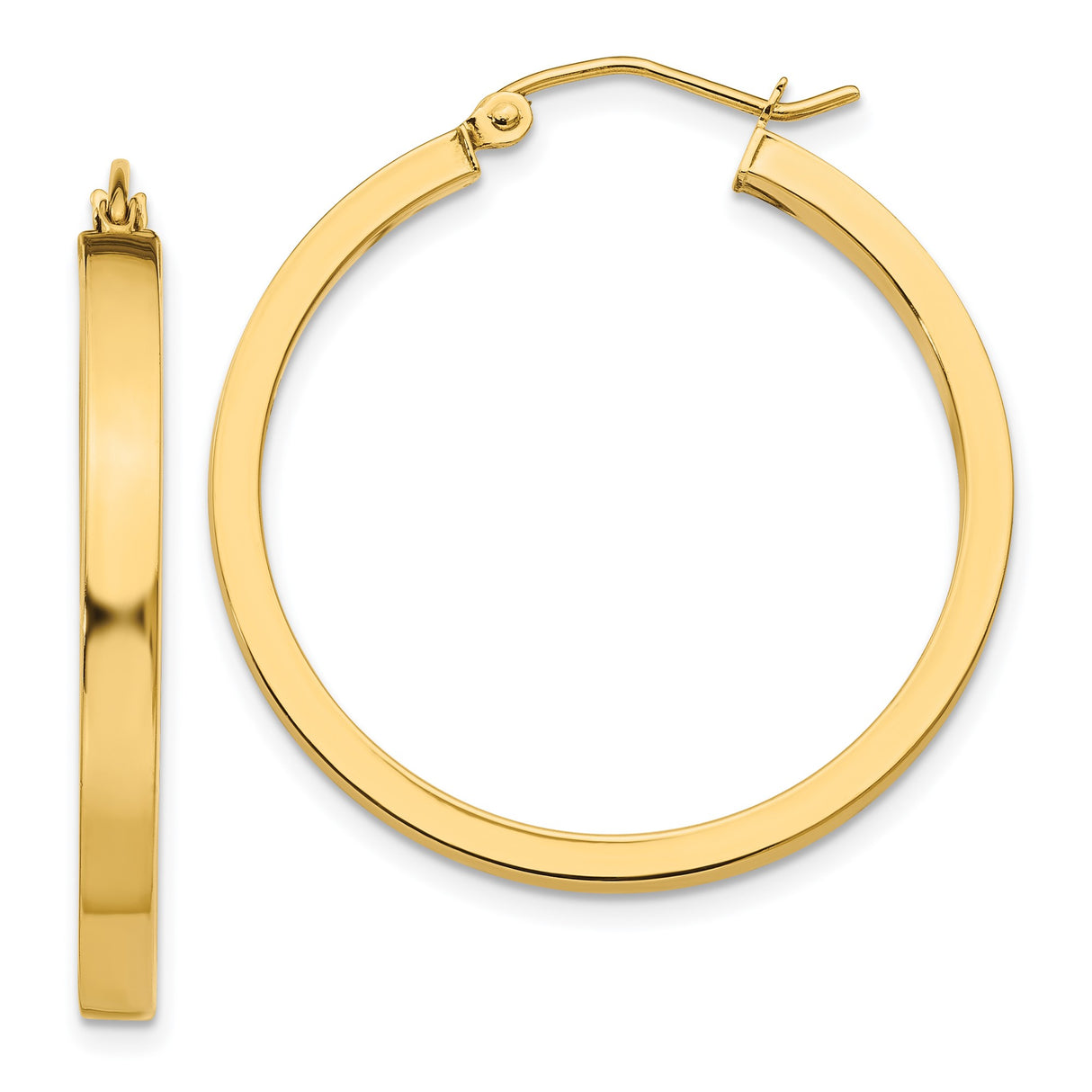 14k Yellow Gold Hoop Earrings, Medium Polished Flat Edge Oval Hoops for Women