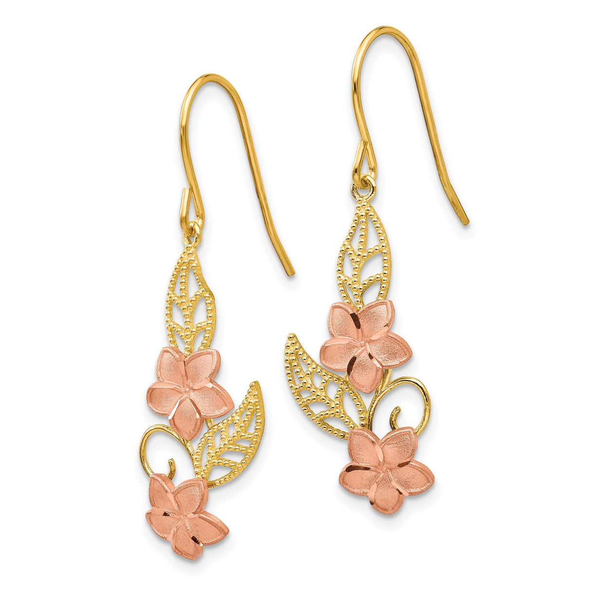 14k Yellow Gold Dangle Earrings with Rose Gold Flowers and Filigree Leaves, Nature-Inspired Design