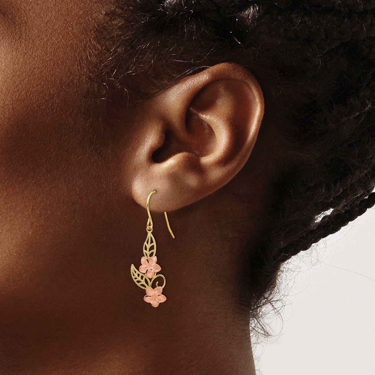 14k Yellow Gold Dangle Earrings with Rose Gold Flowers and Filigree Leaves, Nature-Inspired Design
