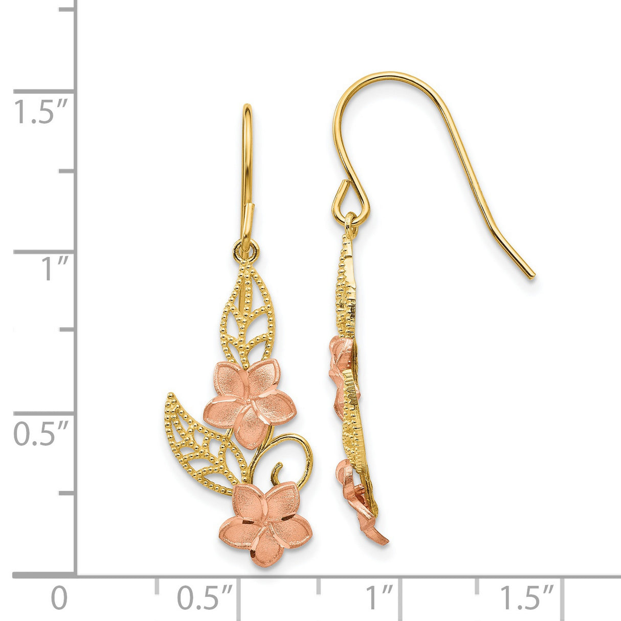 14k Yellow Gold Dangle Earrings with Rose Gold Flowers and Filigree Leaves, Nature-Inspired Design