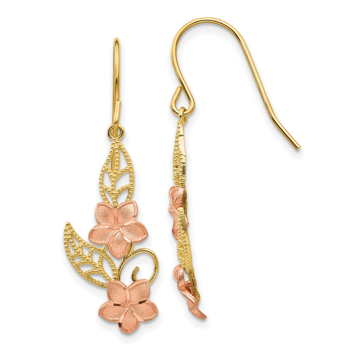 14k Yellow Gold Dangle Earrings with Rose Gold Flowers and Filigree Leaves, Nature-Inspired Design