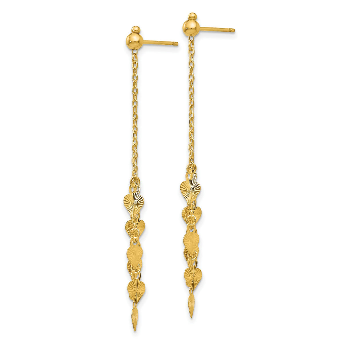 14k Yellow Gold Dangle Earrings with Textured Heart Charms and Polished Finish