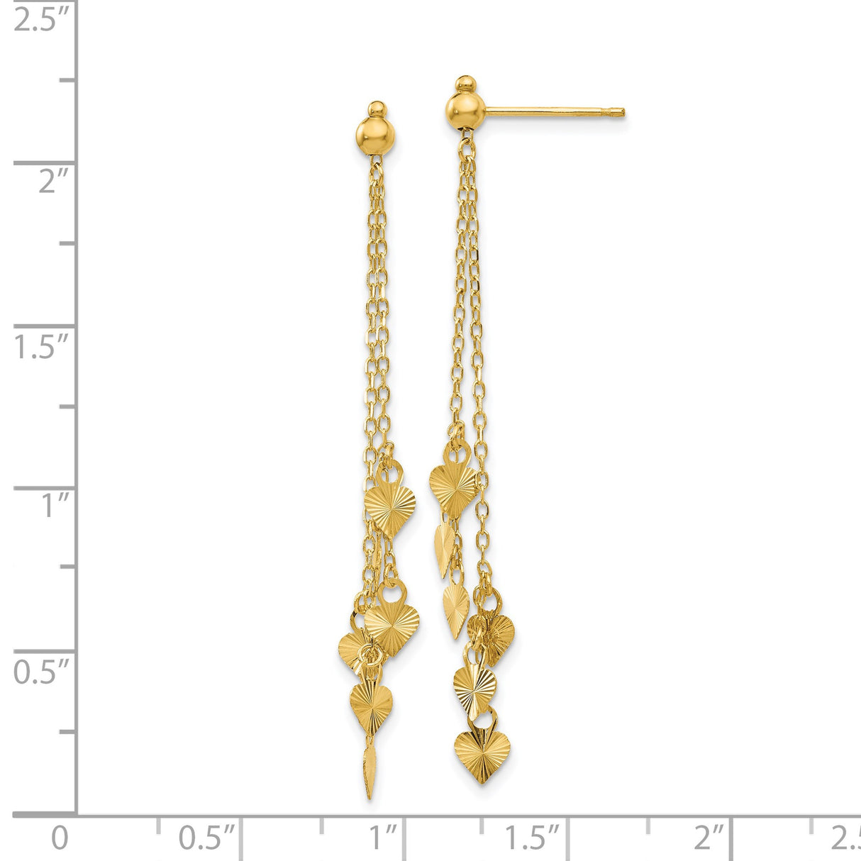14k Yellow Gold Dangle Earrings with Textured Heart Charms and Polished Finish