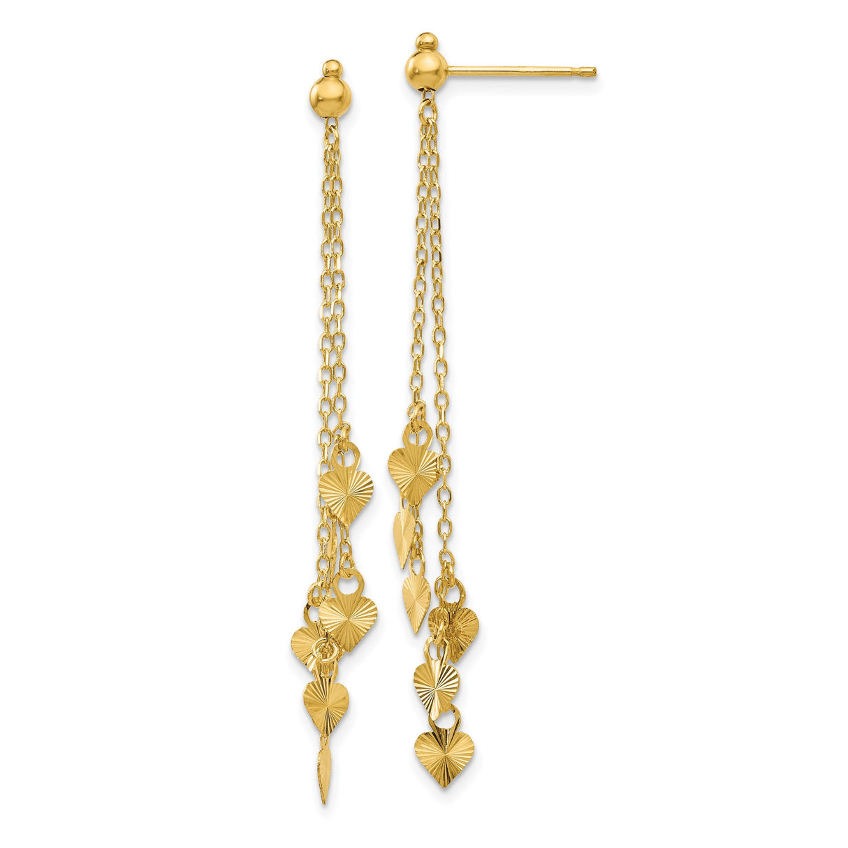 14k Yellow Gold Dangle Earrings with Textured Heart Charms and Polished Finish
