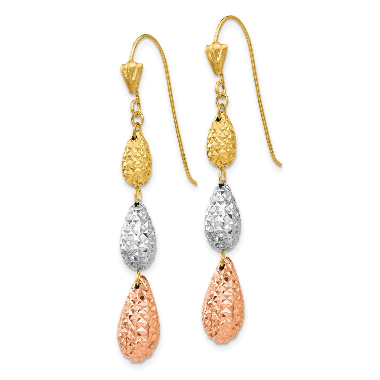 14k Tri Color Gold Dangle Earrings with Diamond Cut Teardrop Charms for Women
