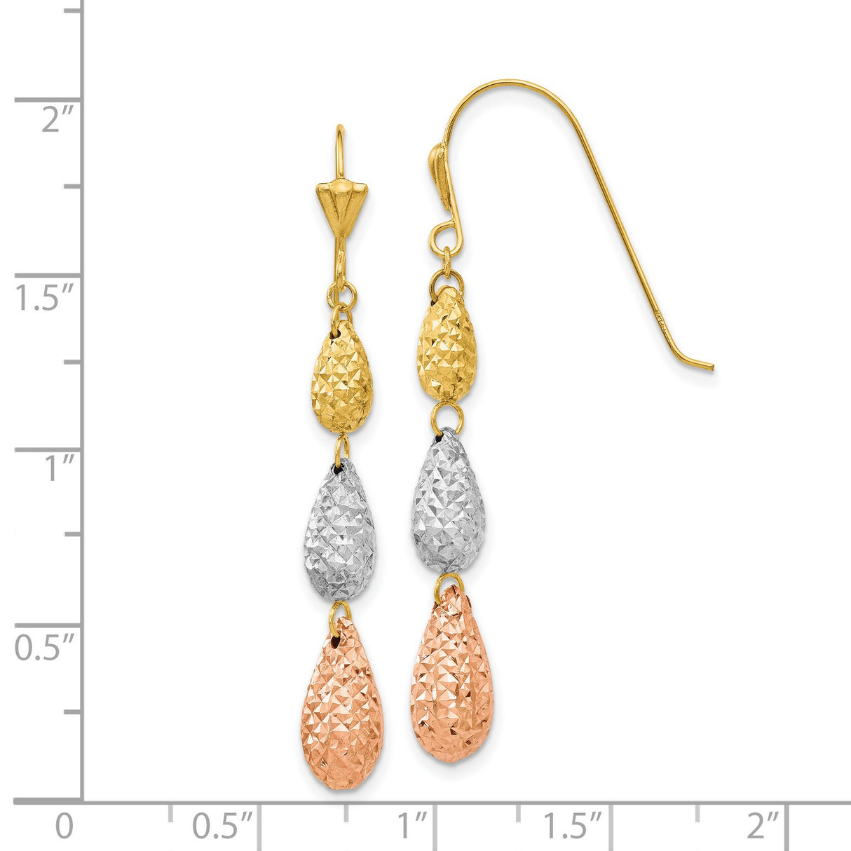 14k Tri Color Gold Dangle Earrings with Diamond Cut Teardrop Charms for Women