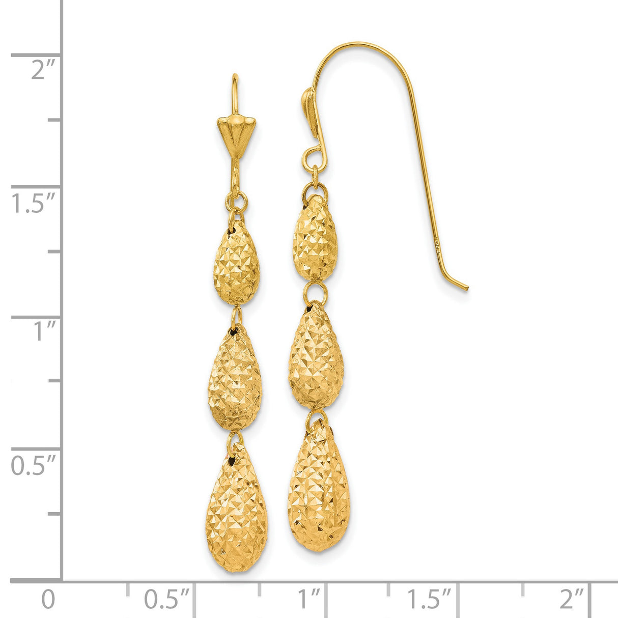 14k Yellow Gold Dangle Earrings with Three Textured Teardrop Drops, Diamond Cut Finish