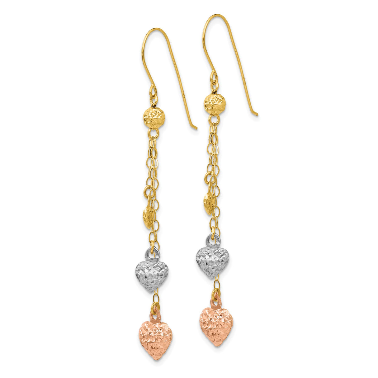 14k Tri-Color Gold Dangle Earrings with Textured Puff Heart Charms for Women