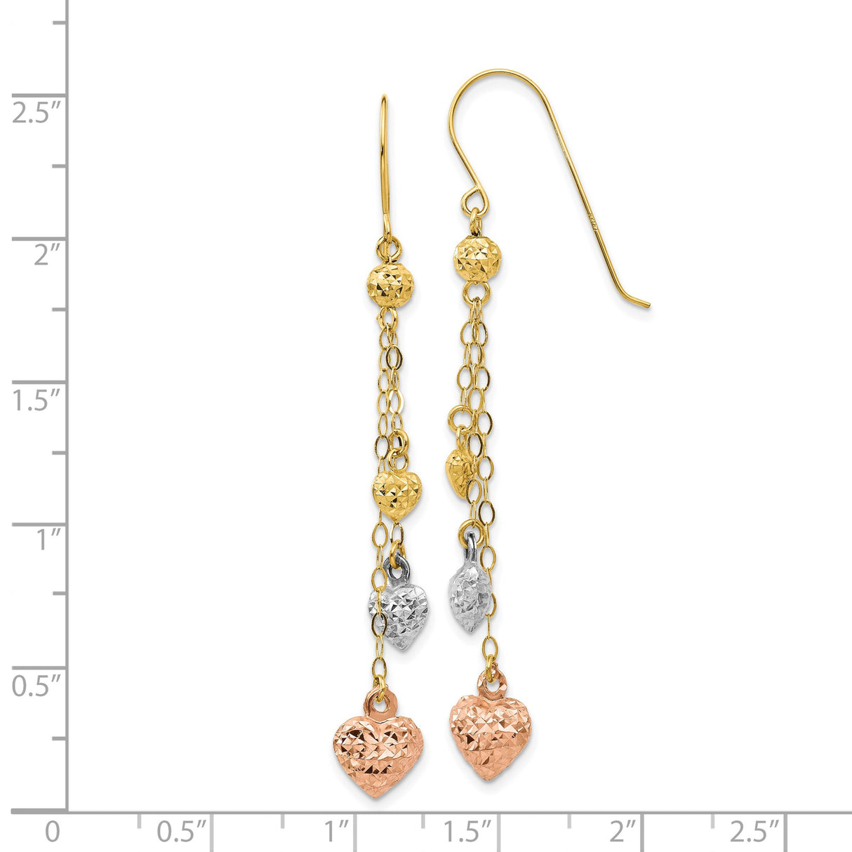 14k Tri-Color Gold Dangle Earrings with Textured Puff Heart Charms for Women
