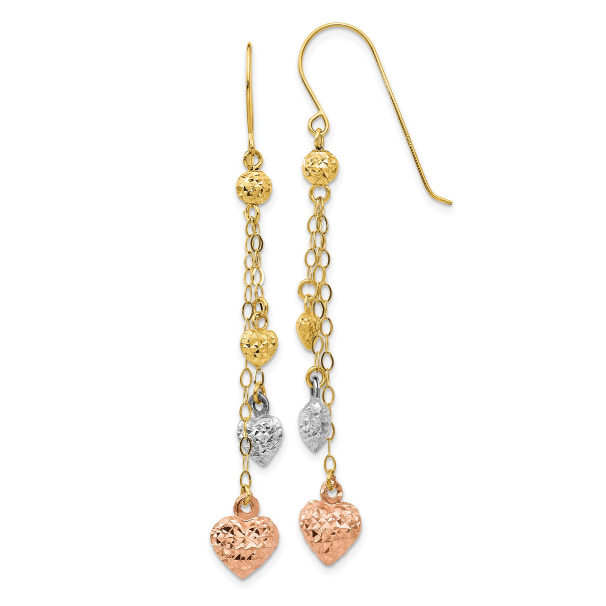 14k Tri-Color Gold Dangle Earrings with Textured Puff Heart Charms for Women