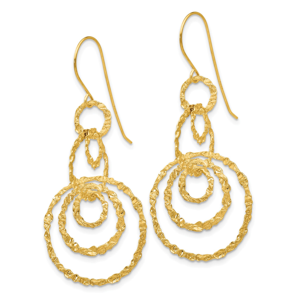 14k Yellow Gold Dangle Earrings with Textured Concentric Circles and Hammered Finish