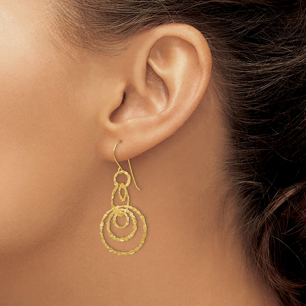 14k Yellow Gold Dangle Earrings with Textured Concentric Circles and Hammered Finish