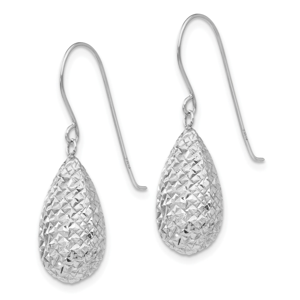 14k White Gold Teardrop Dangle Earrings with Diamond-Cut Texture and Polished Drop Design