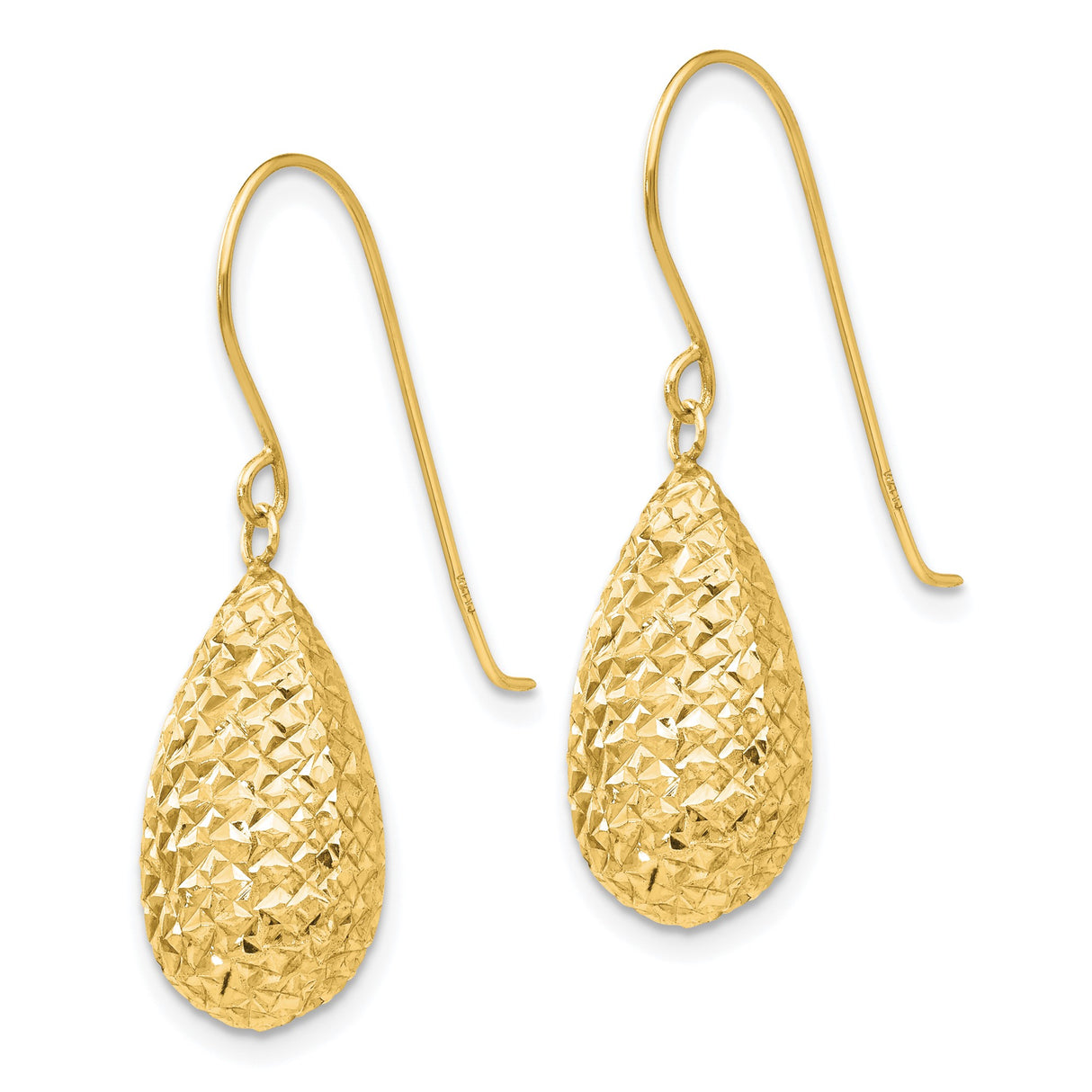 14k Yellow Gold Dangle Earrings, Textured Teardrop Drop with Diamond Cut Finish