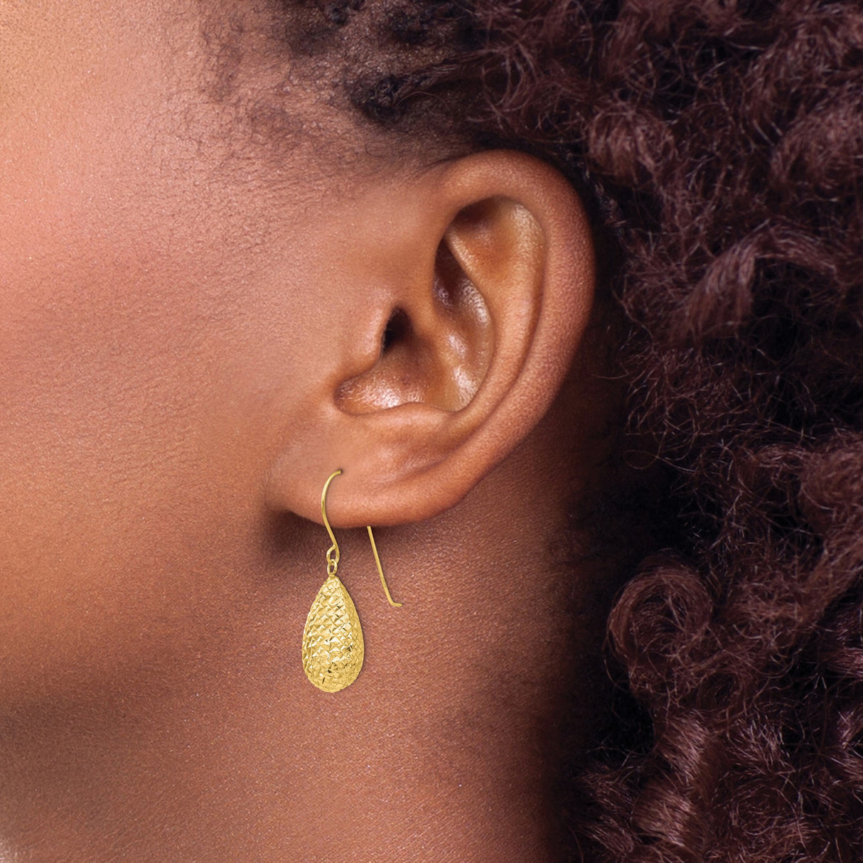 14k Yellow Gold Dangle Earrings, Textured Teardrop Drop with Diamond Cut Finish