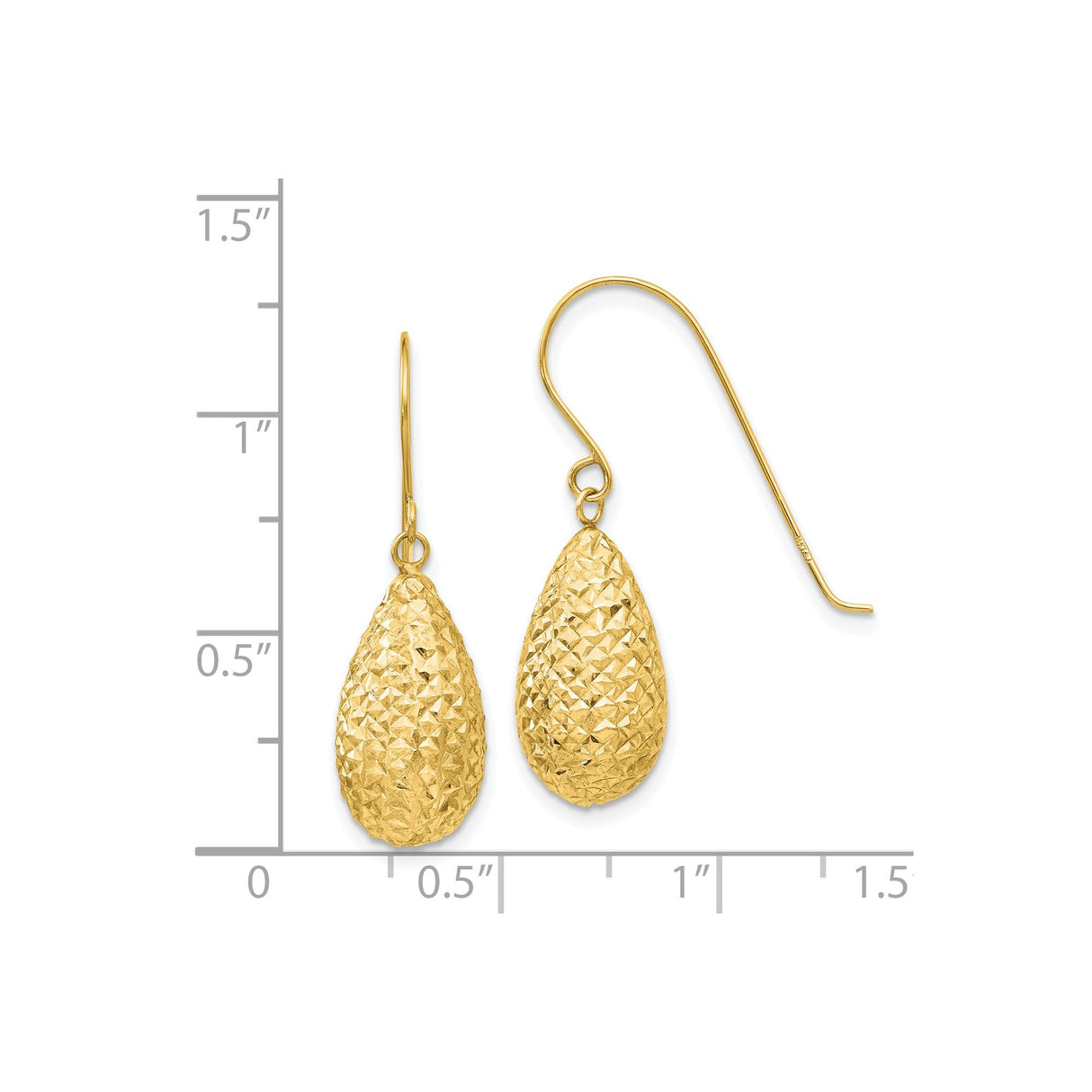 14k Yellow Gold Dangle Earrings, Textured Teardrop Drop with Diamond Cut Finish