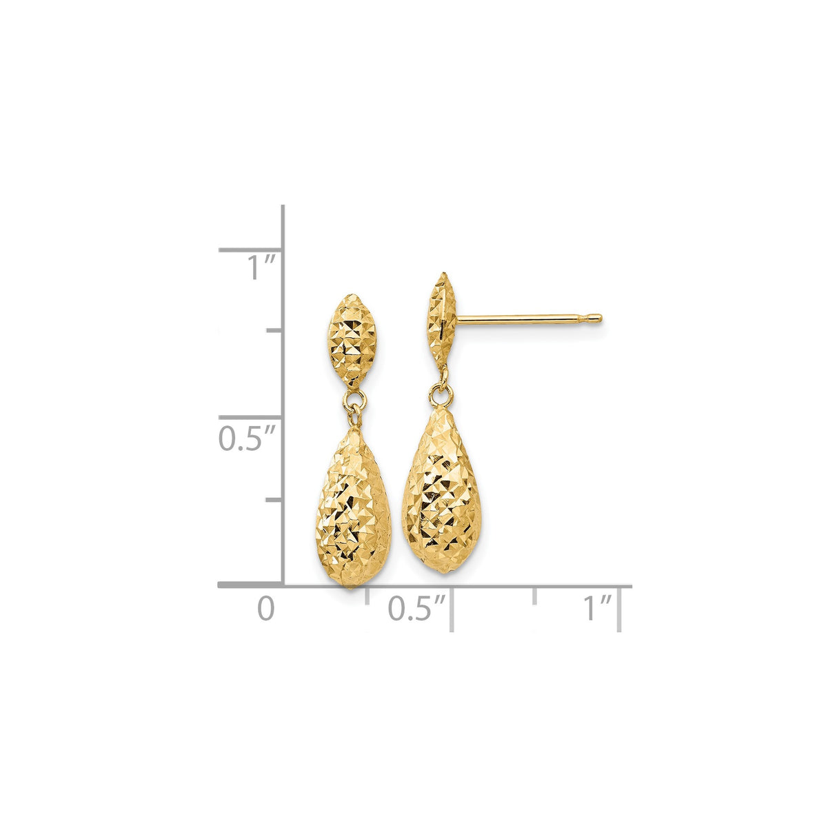 14k Yellow Gold Dangle Earrings, Textured Diamond Cut Teardrop Design for Women
