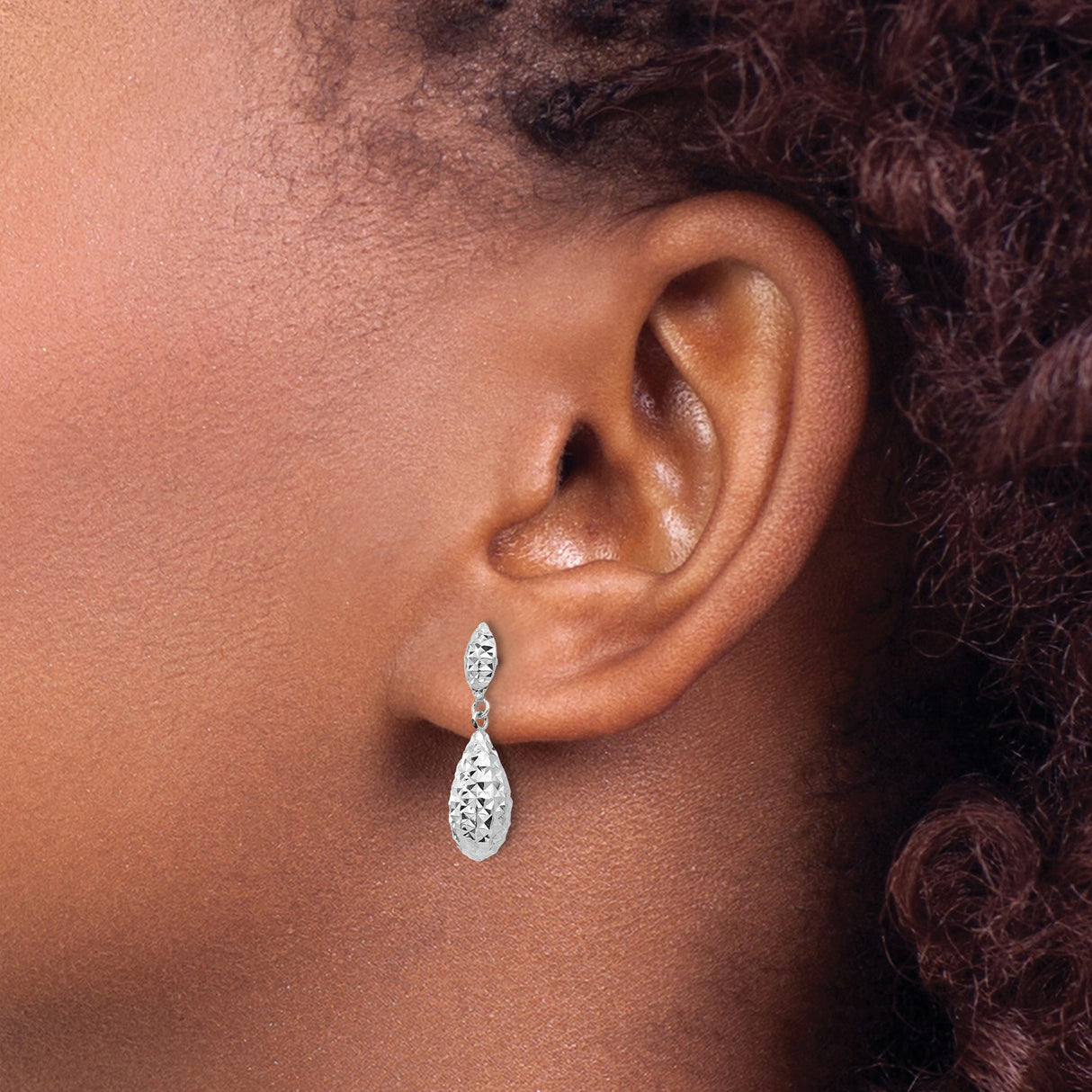 14k White Gold Dangle Earrings, Diamond Cut Teardrop Design, High Shine Drop Style for Women