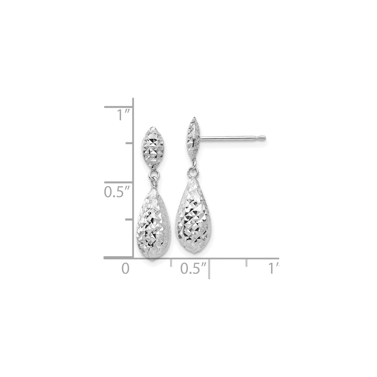 14k White Gold Dangle Earrings, Diamond Cut Teardrop Design, High Shine Drop Style for Women
