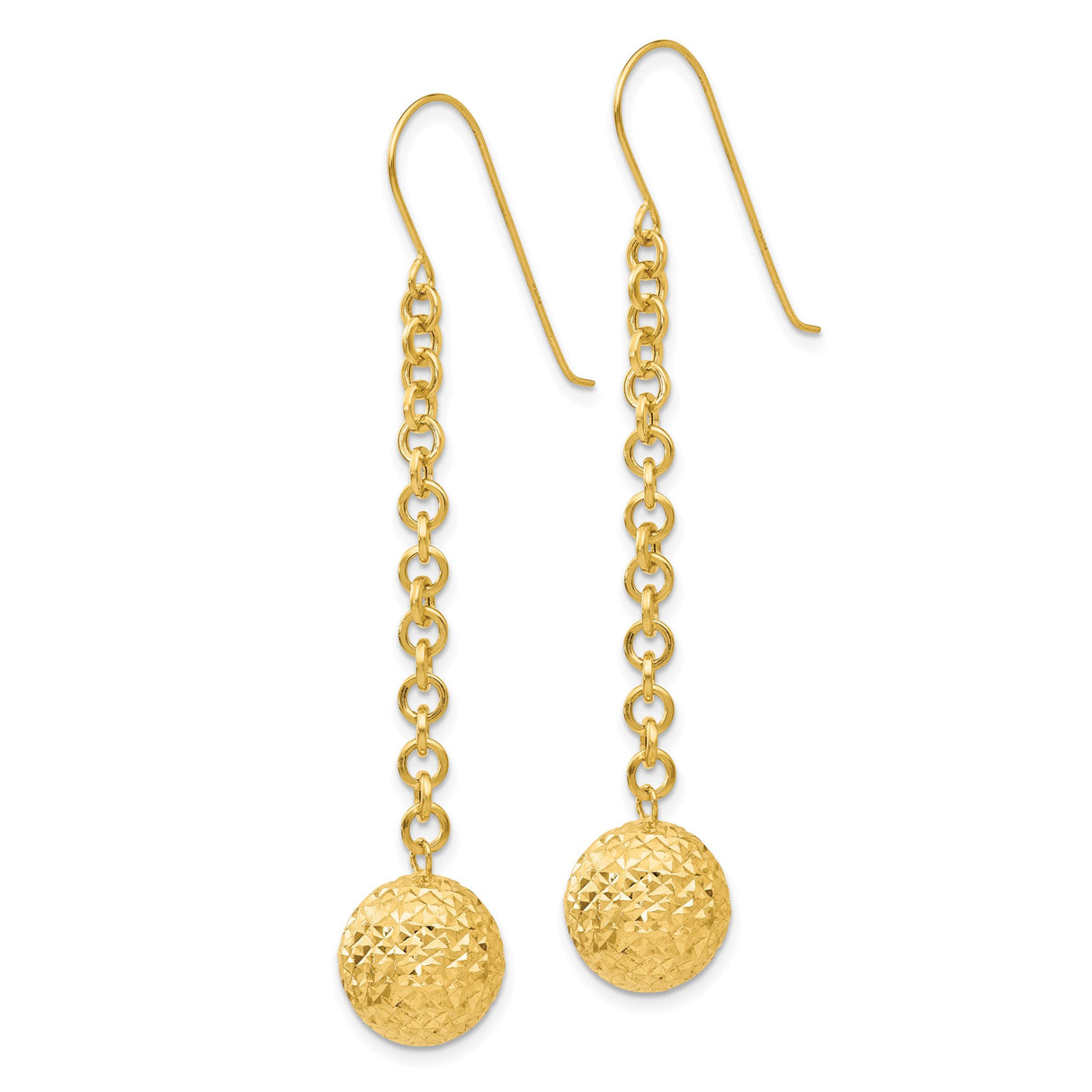 14k Yellow Gold Dangle Earrings with Textured Ball Drop and Chain Link Design