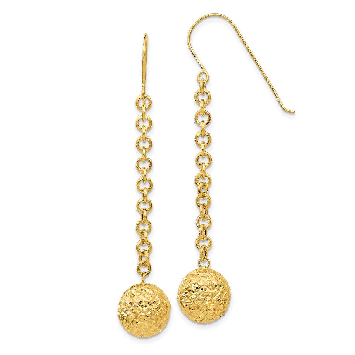 14k Yellow Gold Dangle Earrings with Textured Ball Drop and Chain Link Design