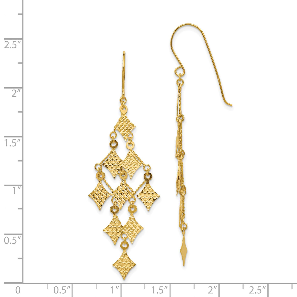 14k Yellow Gold Dangle Earrings, Cascading Chandelier with Textured Diamond Shape Drops