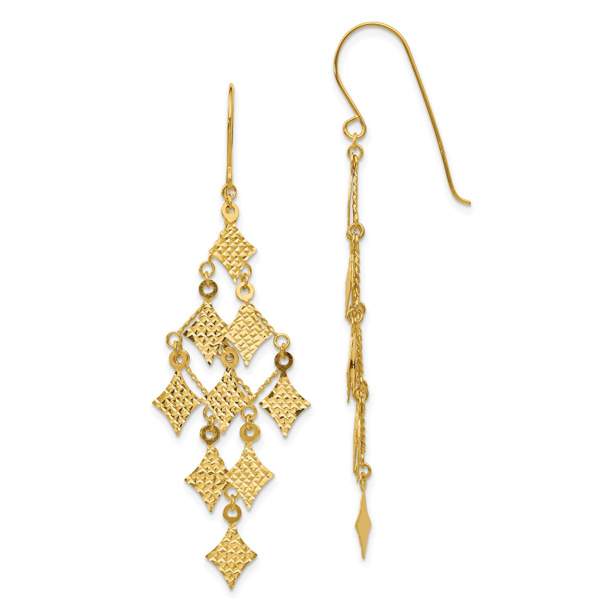 14k Yellow Gold Dangle Earrings, Cascading Chandelier with Textured Diamond Shape Drops