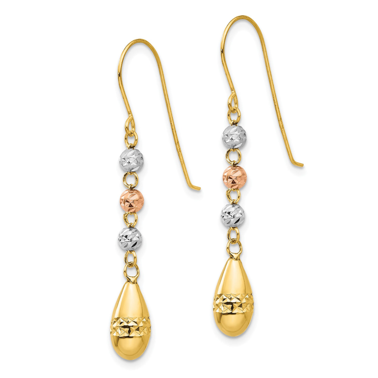 14k Tri-Color Gold Dangle Earrings with Teardrop Drops and Textured Beads for Women