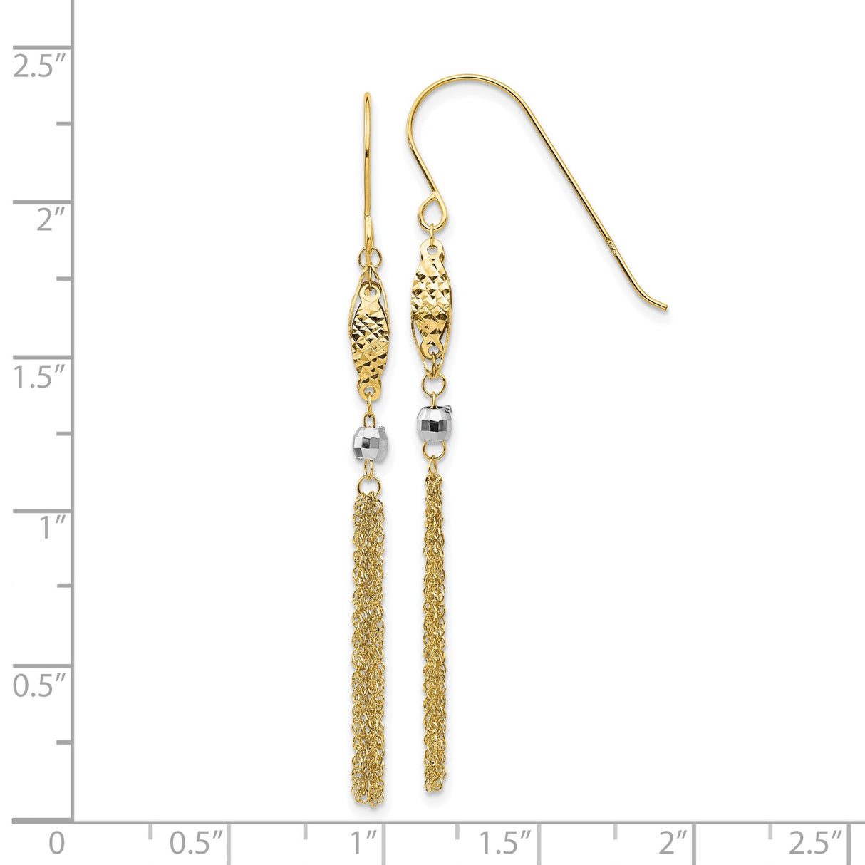 14k Two-Tone Gold Dangle Earrings with Textured Oval, Faceted Bead, and Tassels for Women