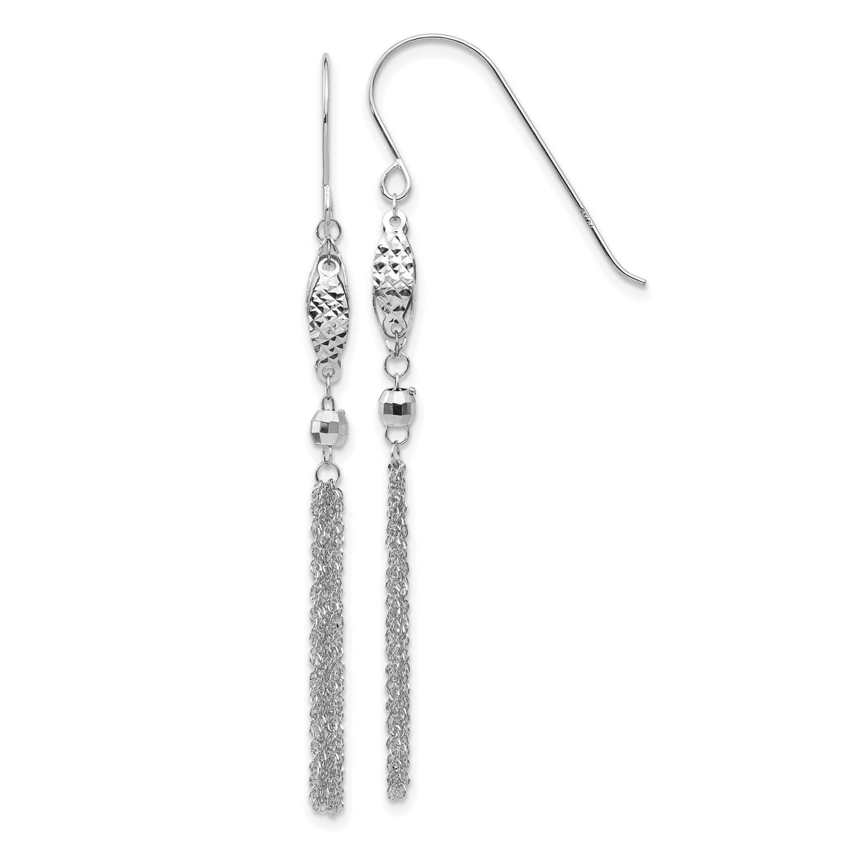 14k White Gold Dangle Drop Earrings with Textured Diamond Cut Fish Design and Chain Tassels