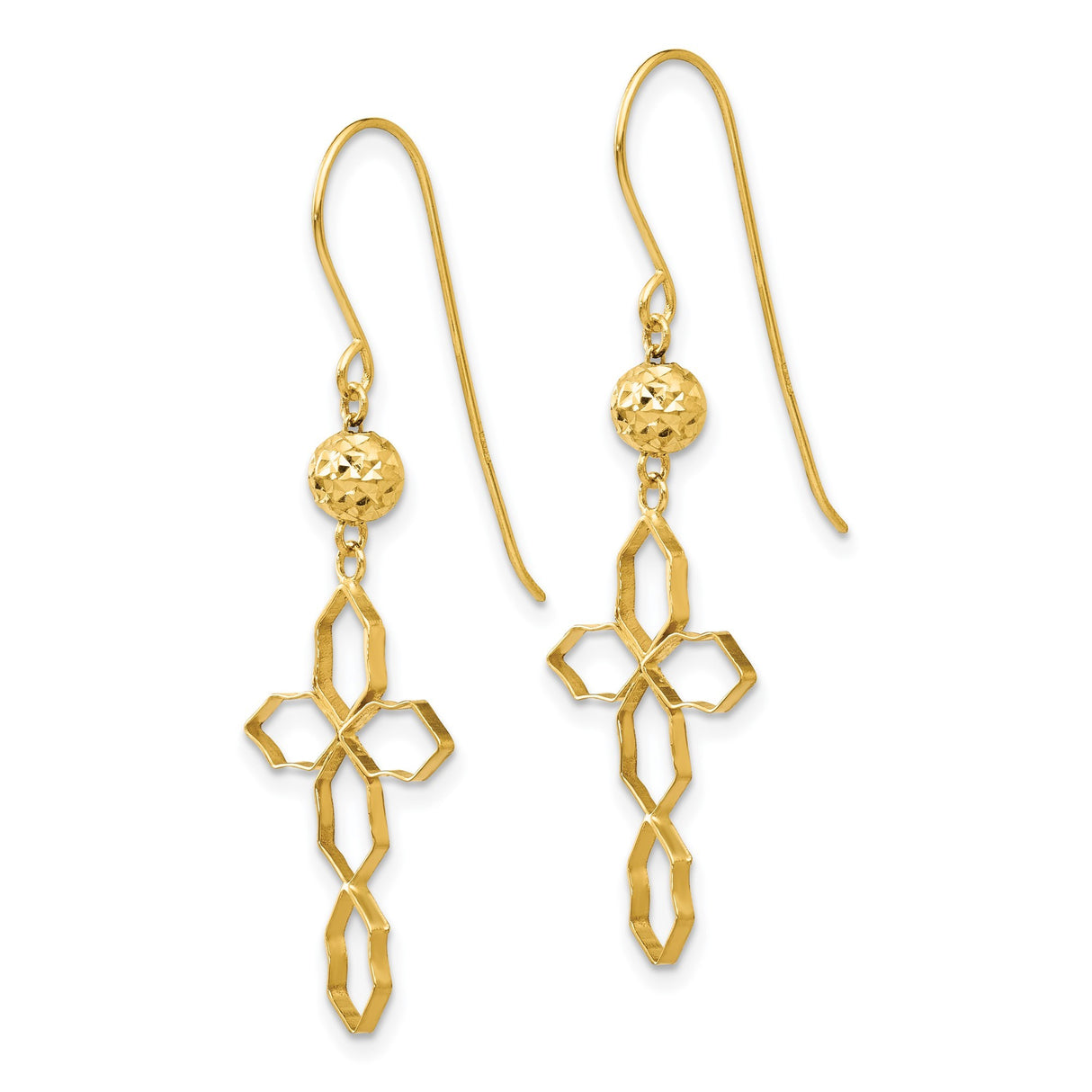 14k Yellow Gold Dangle Earrings with Openwork Cross and Faceted Bead Design