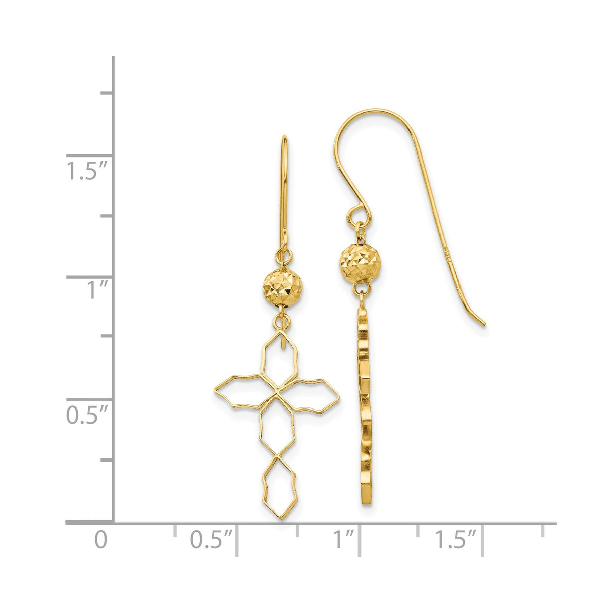 14k Yellow Gold Dangle Earrings with Openwork Cross and Faceted Bead Design