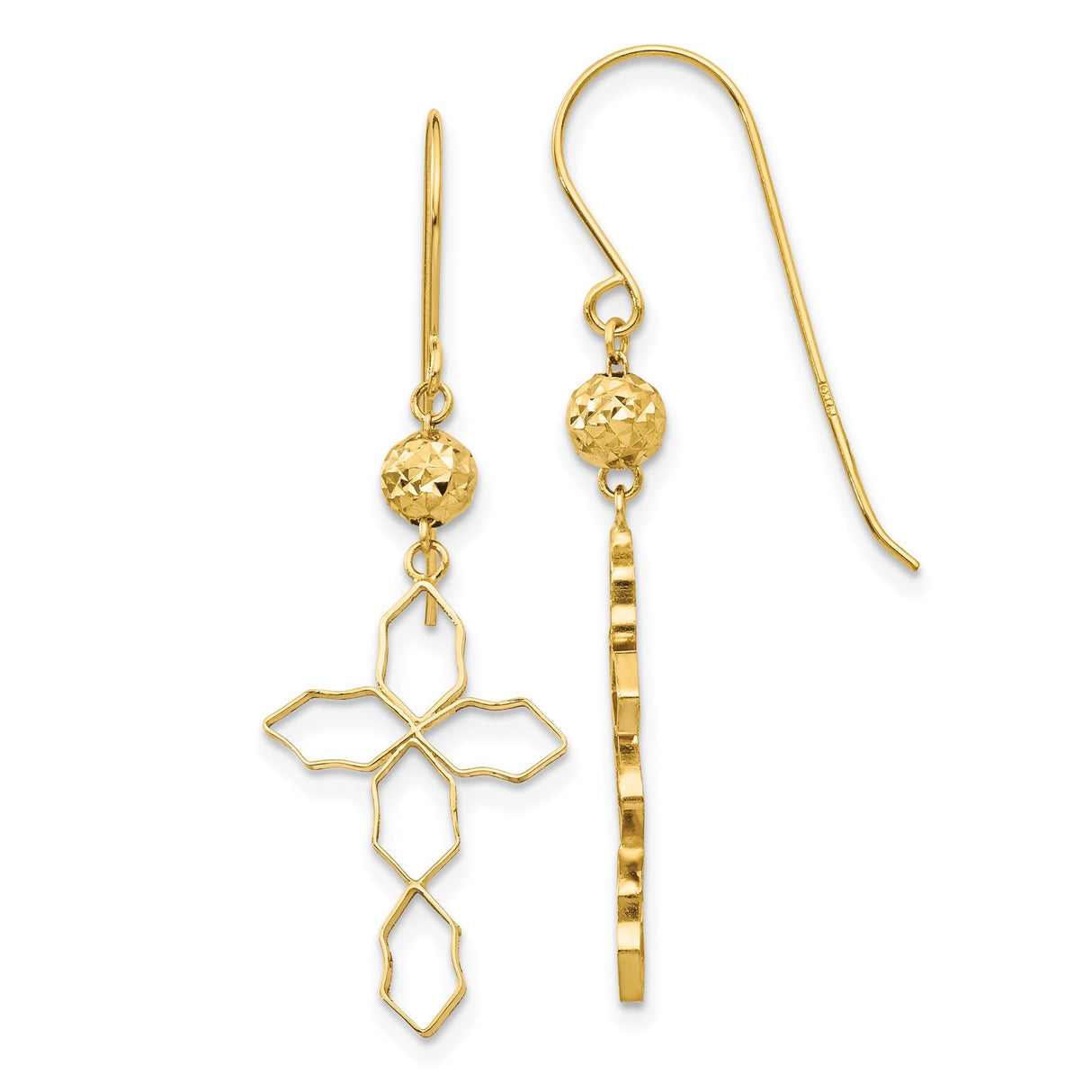 14k Yellow Gold Dangle Earrings with Openwork Cross and Faceted Bead Design