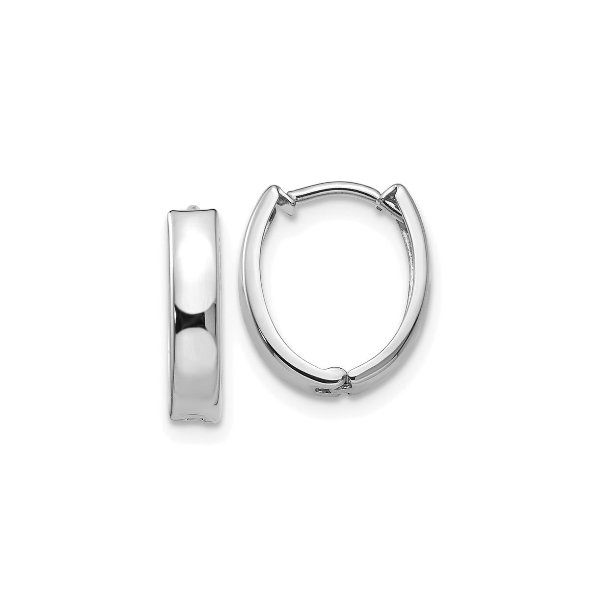 14k White Gold Hoop Earrings, Oval Huggie Style with Polished Finish, Lightweight and Minimalist Design