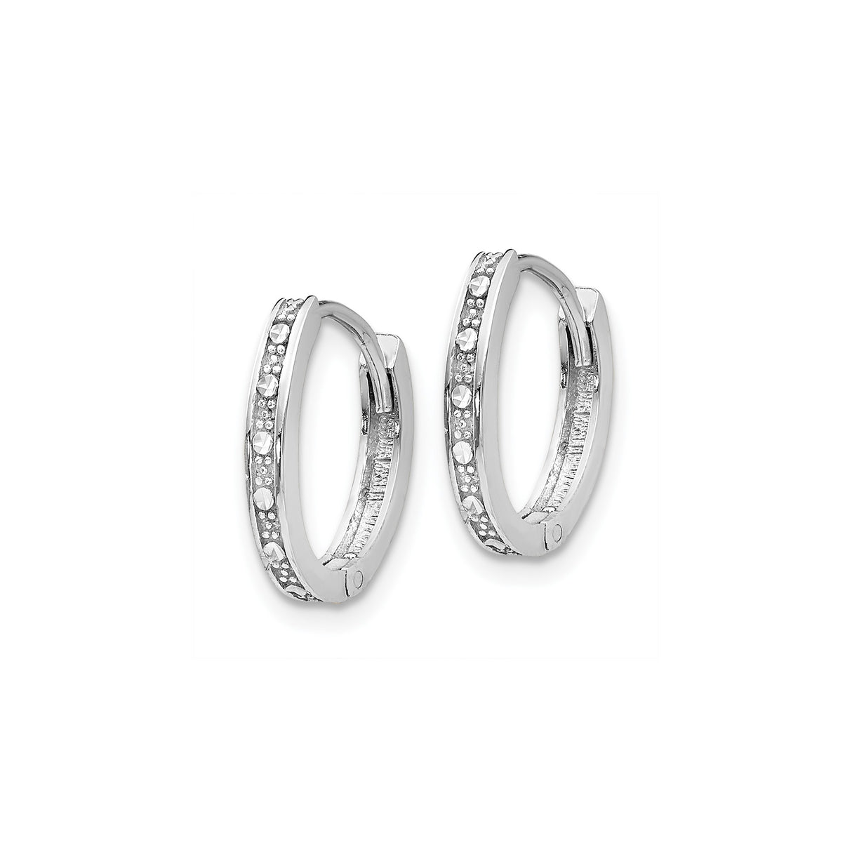 14k White Gold Hoop Earrings, Oval Hinged Design with Faceted Diamond Cut Accents