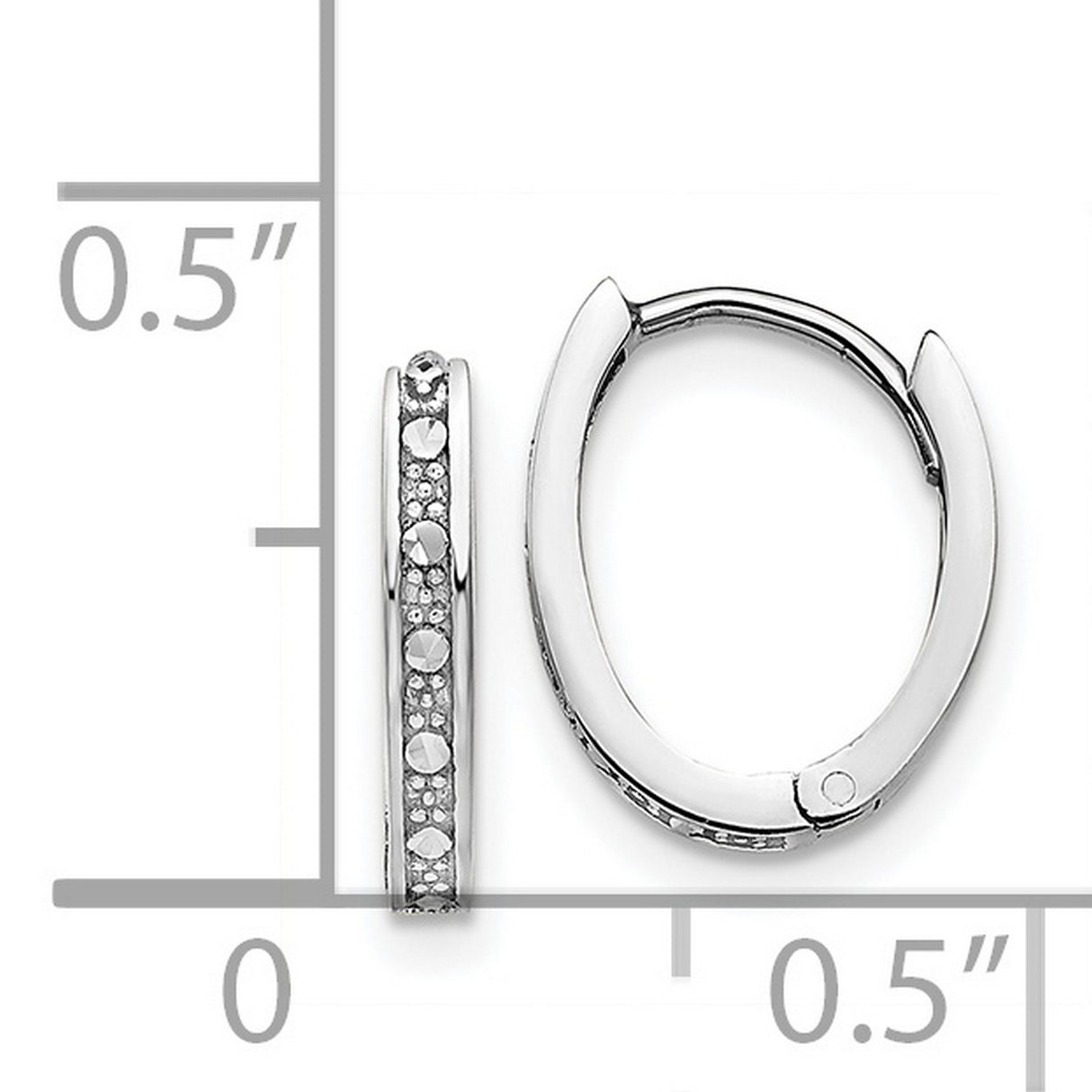 14k White Gold Hoop Earrings, Oval Hinged Design with Faceted Diamond Cut Accents
