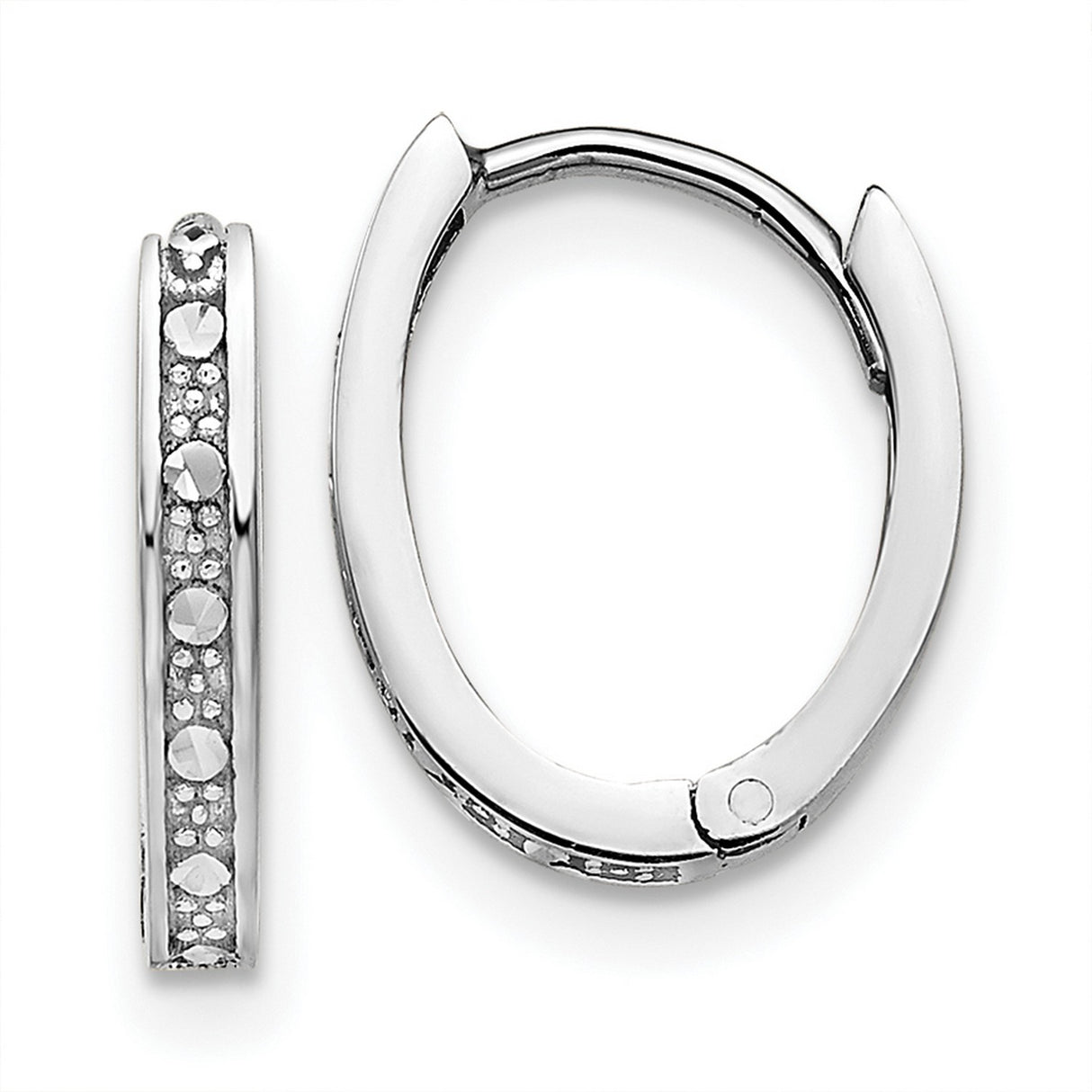 14k White Gold Hoop Earrings, Oval Hinged Design with Faceted Diamond Cut Accents