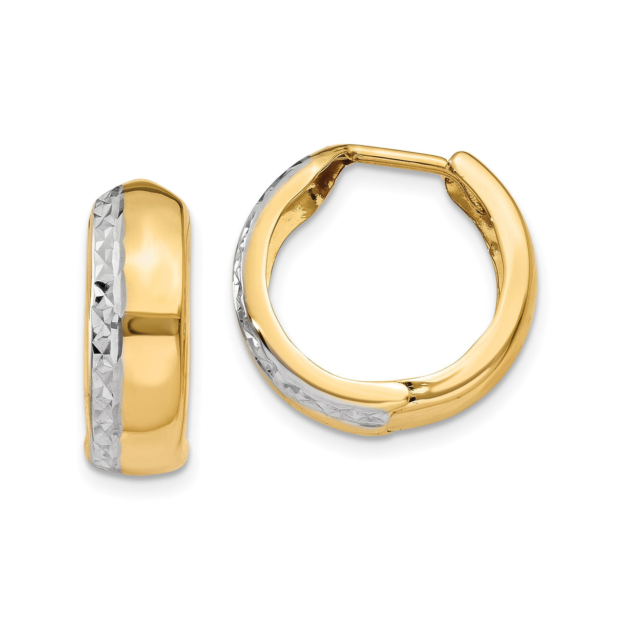 14k Yellow Gold Two Tone Hoop Earrings, Diamond Cut Rhodium Accent, Small Lightweight Design