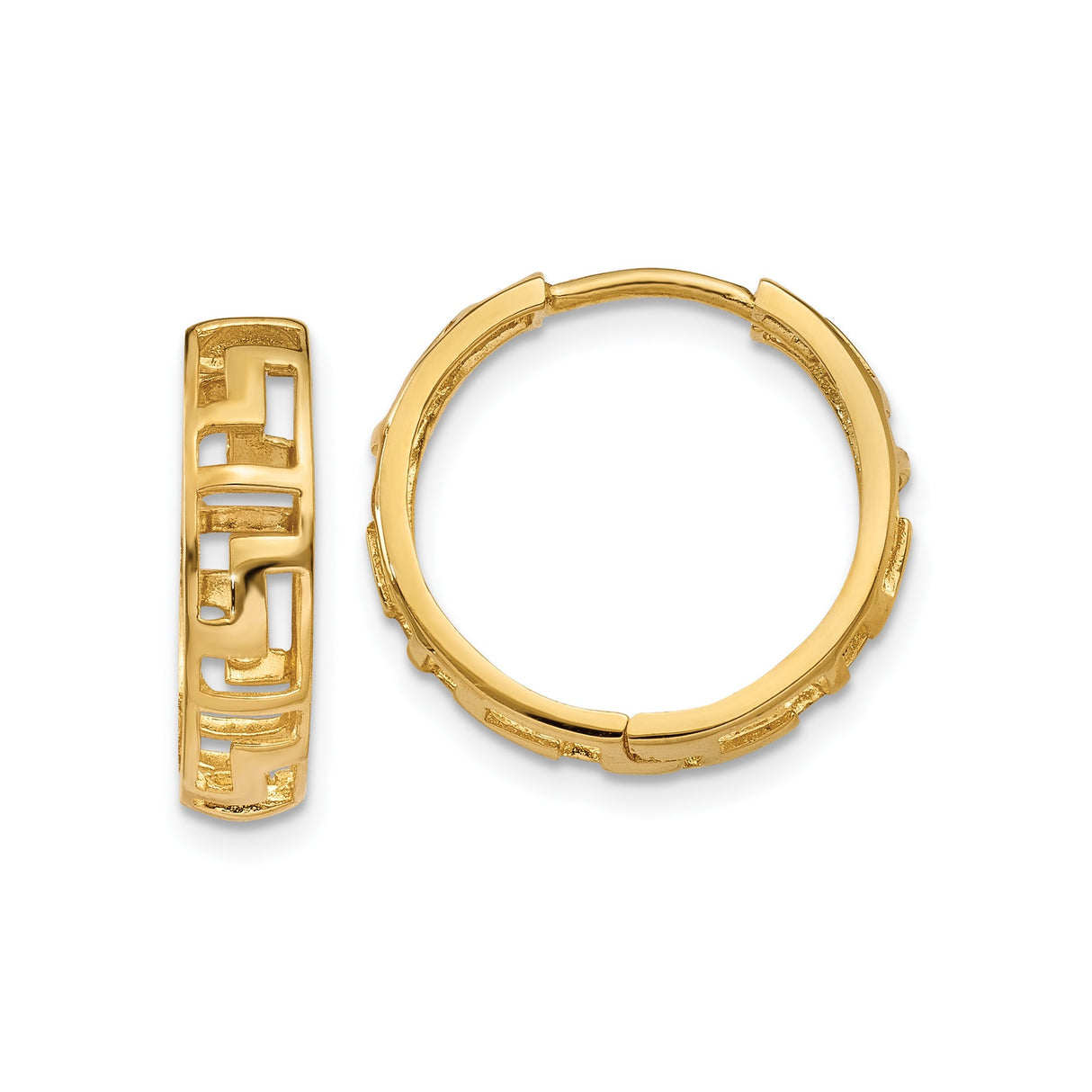 14k Yellow Gold Hoop Earrings with Greek Key Design, Geometric Infinity Pattern