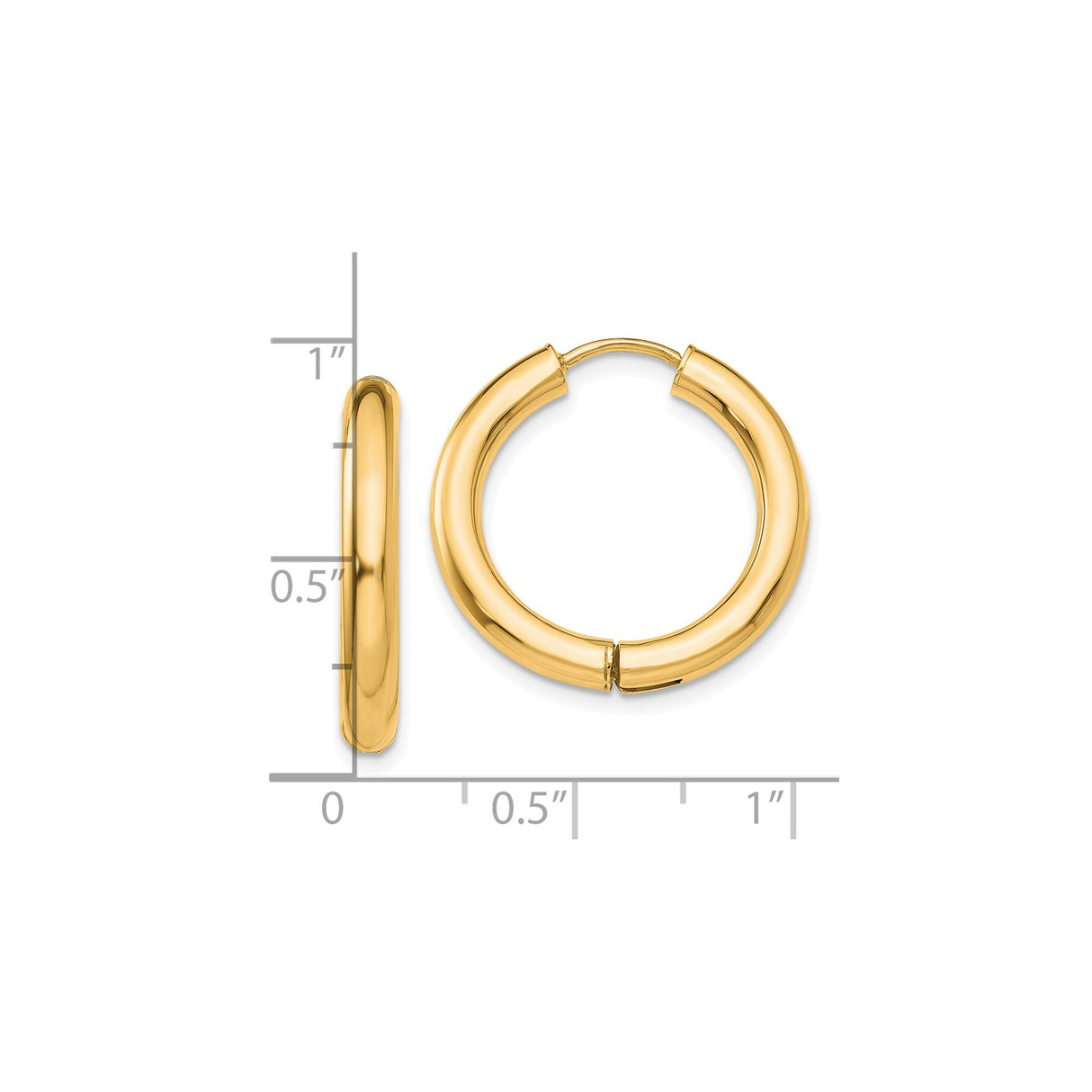 14k Yellow Gold Hoop Earrings, Smooth High-Polish Round Minimalist Design, Lightweight Hinged Closure