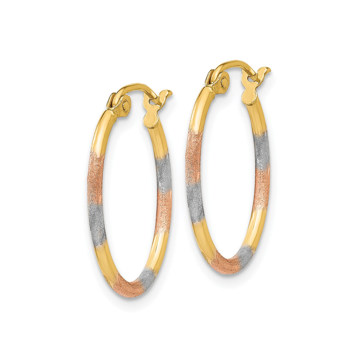 14k Tri-Color Gold Hoop Earrings, Polished and Textured Finish, Lightweight Round Design