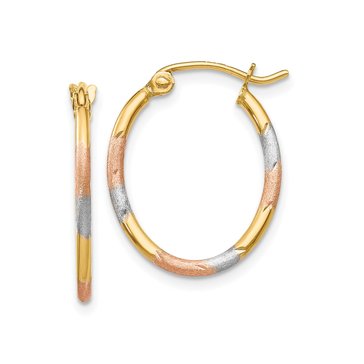 14k Tri-Color Gold Hoop Earrings, Polished and Textured Finish, Lightweight Round Design