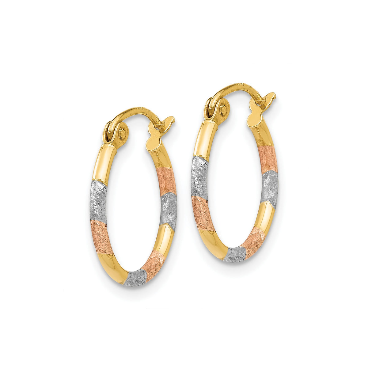 14k Tri-Color Gold Hoop Earrings, Yellow White and Rose Gold Textured Polished Finish