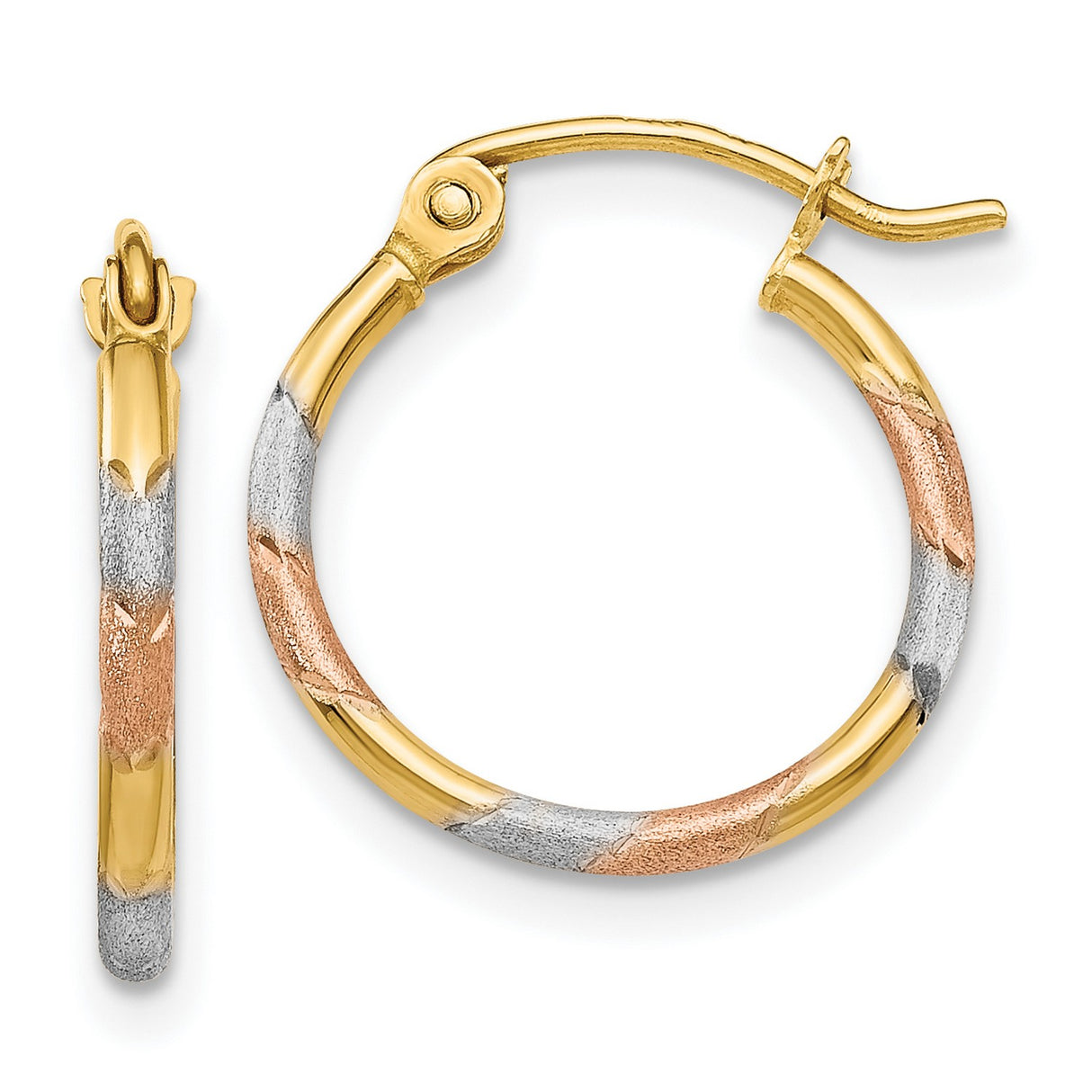 14k Tri-Color Gold Hoop Earrings, Yellow White and Rose Gold Textured Polished Finish