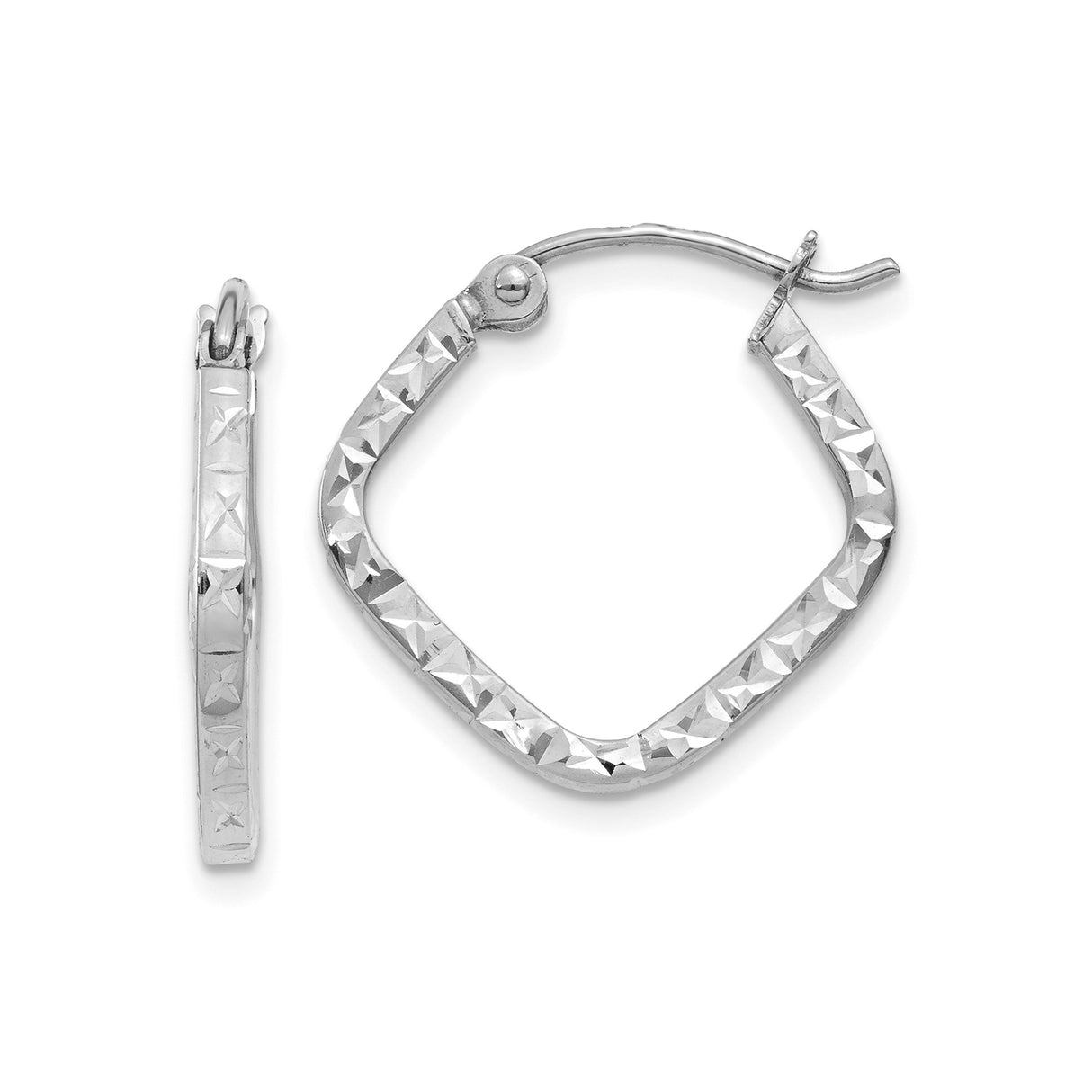 14k White Gold Square Hoop Earrings, Diamond Cut Faceted Texture, Geometric Hinged Design