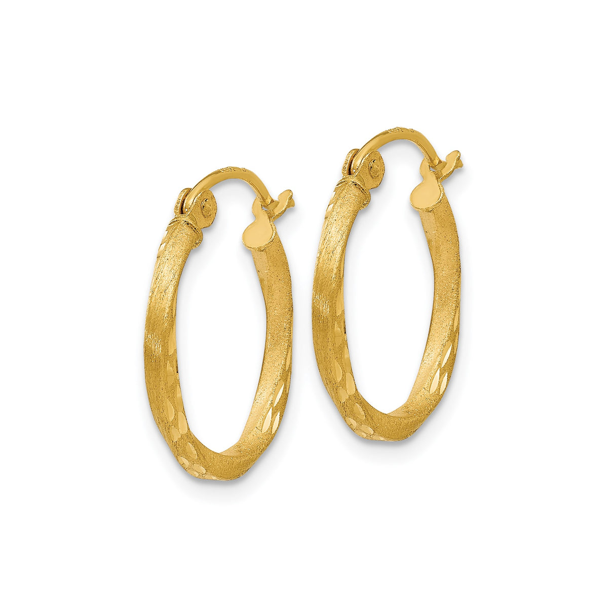 14k Yellow Gold Hoop Earrings with Diamond Cut Detailing, Textured Tapered Design, Lightweight for Women