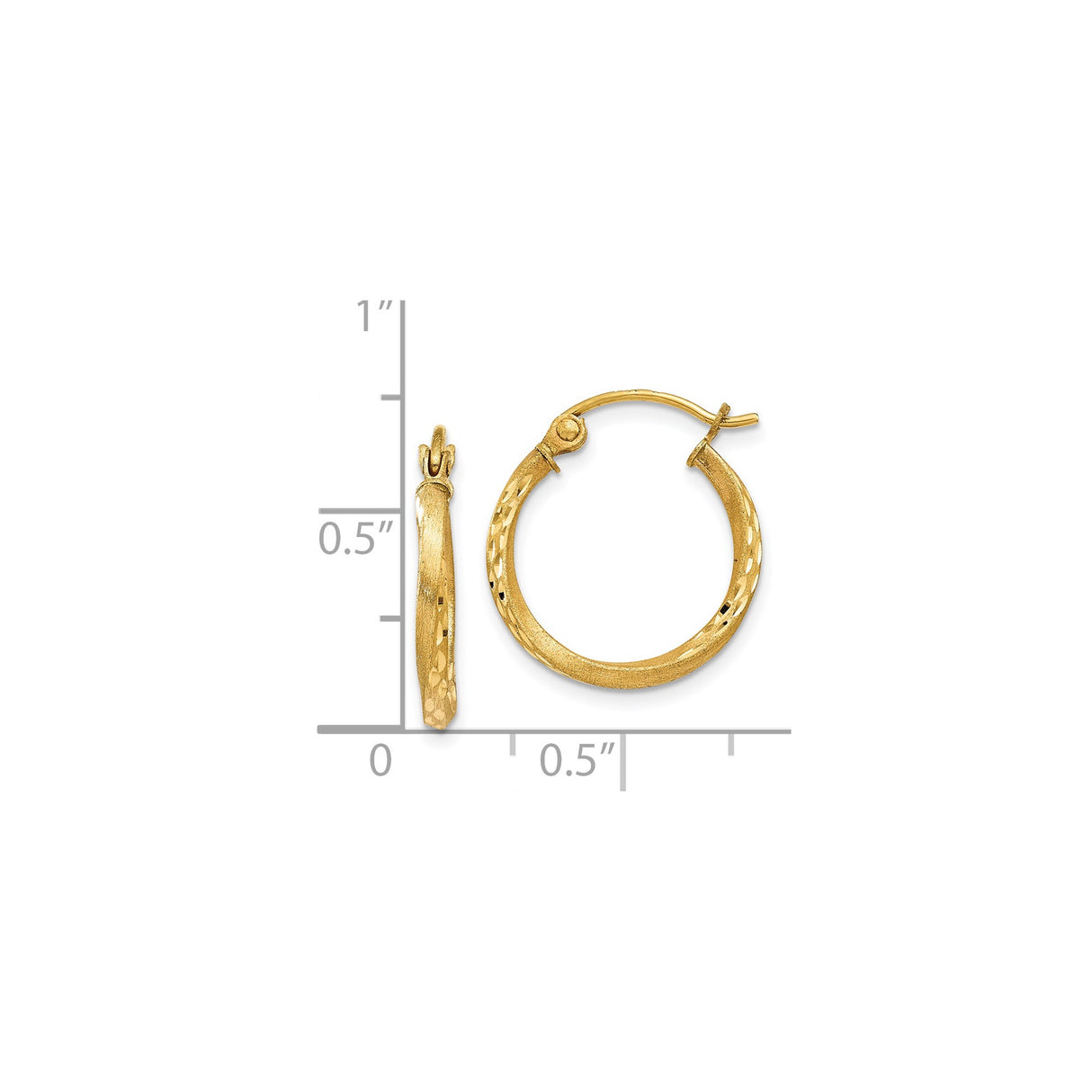 14k Yellow Gold Hoop Earrings with Diamond Cut Detailing, Textured Tapered Design, Lightweight for Women