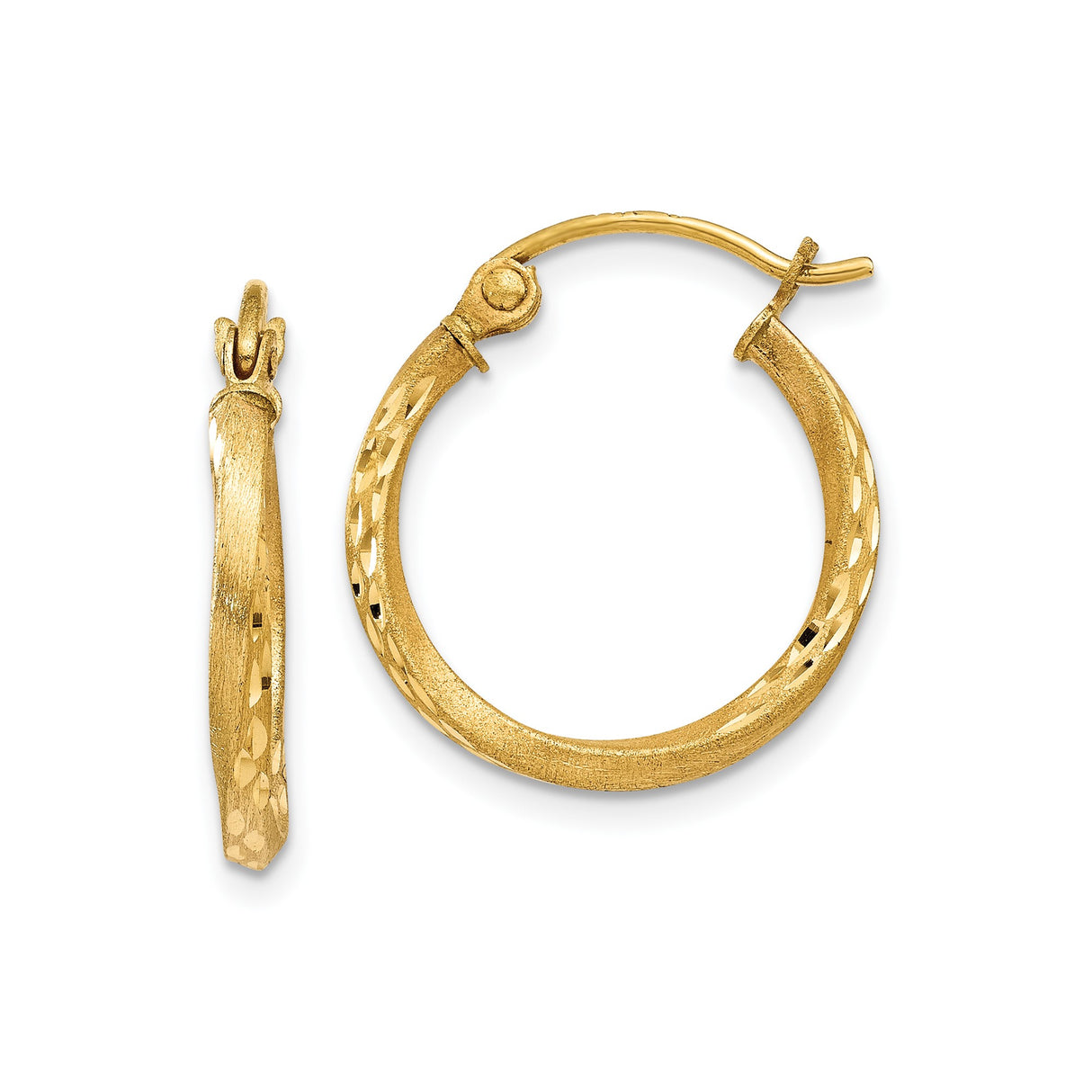 14k Yellow Gold Hoop Earrings with Diamond Cut Detailing, Textured Tapered Design, Lightweight for Women