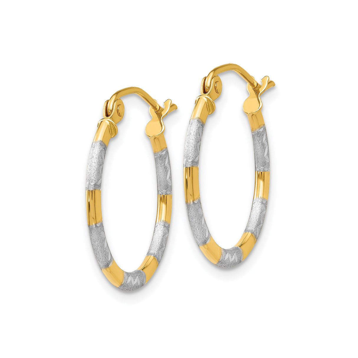 14k Yellow Gold Two Tone Hoop Earrings, Diamond Cut Textured Medium Hoops for Women